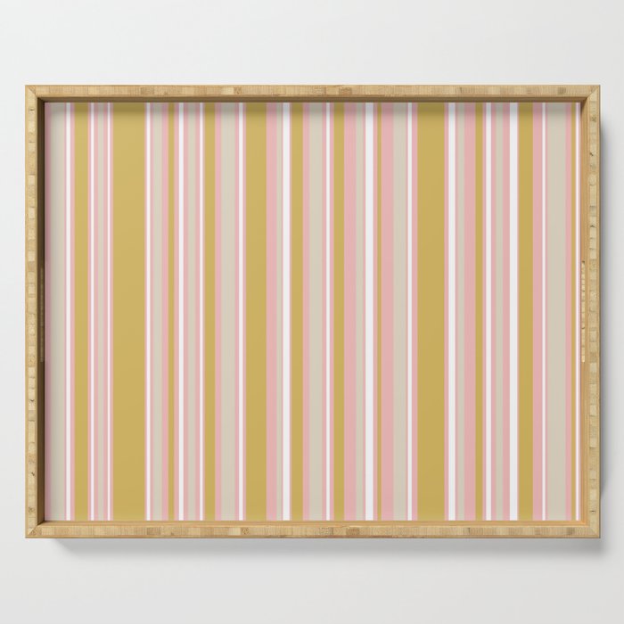 Splendid Stripes - Retro Modern Stripe Pattern in Gold, Pink, White, and Mushroom Serving Tray Gallery Image 1
