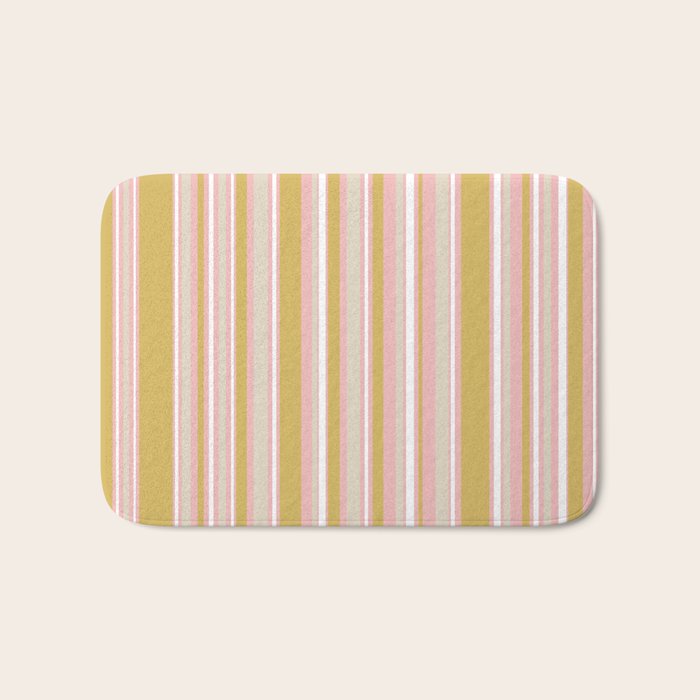 Splendid Stripes - Retro Modern Stripe Pattern in Gold, Pink, White, and Mushroom Bath Mat Gallery Image 1