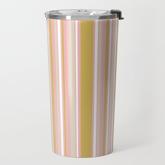 Splendid Stripes - Retro Modern Stripe Pattern in Gold, Pink, White, and Mushroom Travel Mug Gallery Image 2