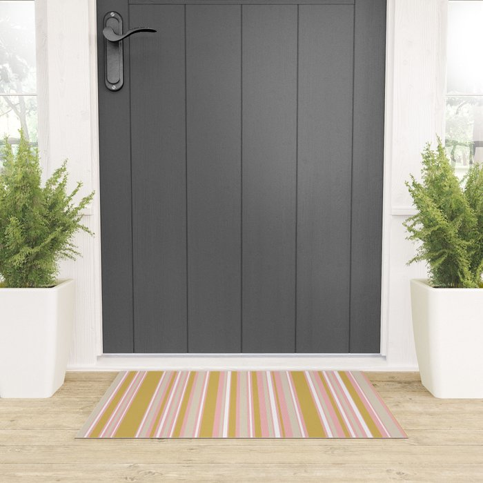 Splendid Stripes - Retro Modern Stripe Pattern in Gold, Pink, White, and Mushroom Welcome Mat Gallery Image 3