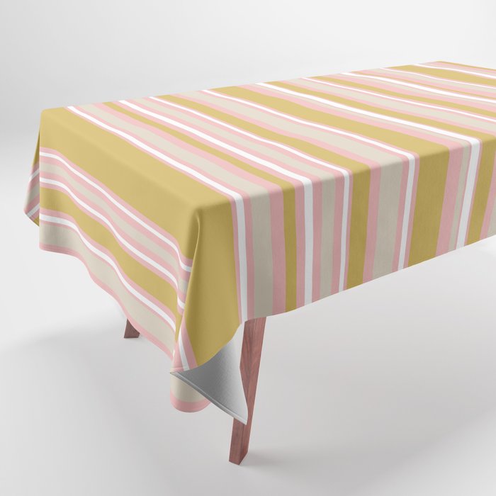 Splendid Stripes - Retro Modern Stripe Pattern in Gold, Pink, White, and Mushroom Tablecloth Gallery Image 1