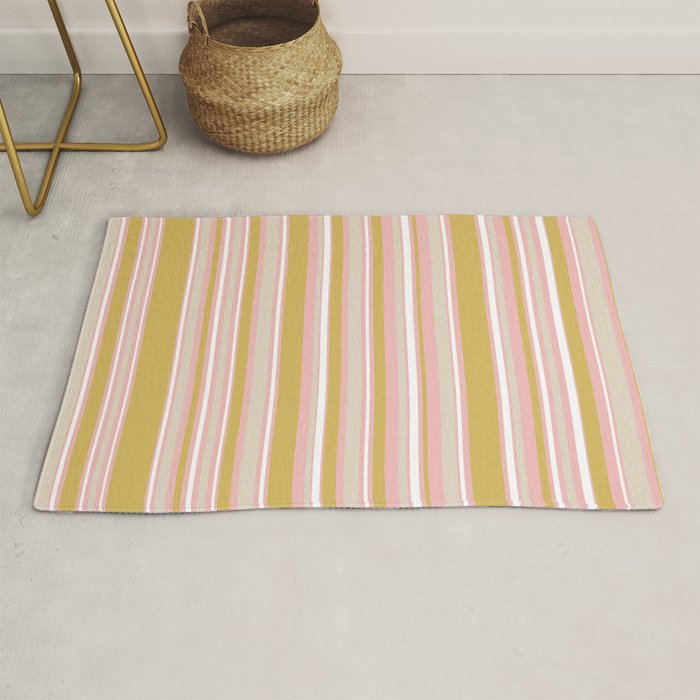 Splendid Stripes - Retro Modern Stripe Pattern in Gold, Pink, White, and Mushroom Rug Gallery Image 1
