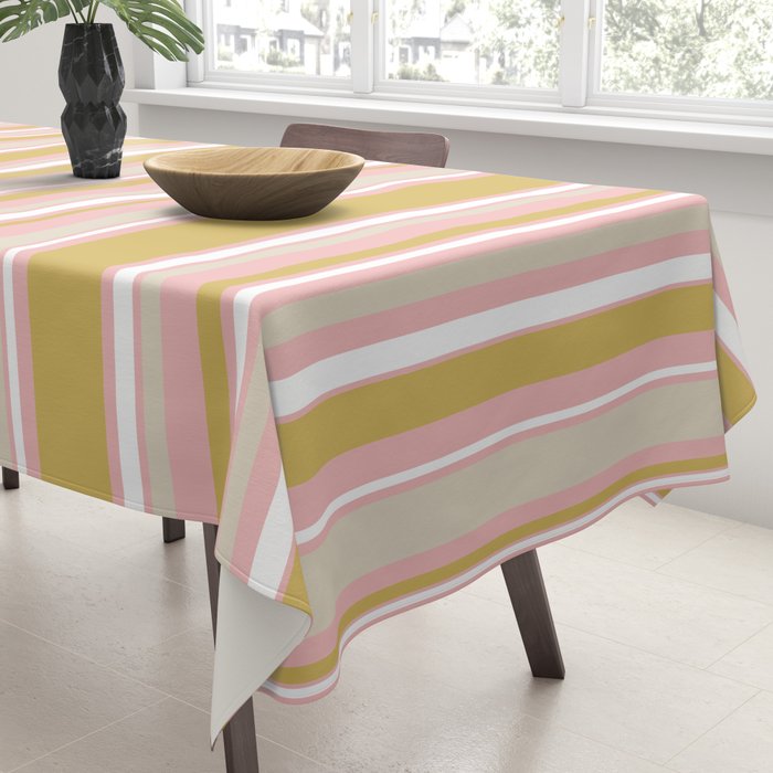 Splendid Stripes - Retro Modern Stripe Pattern in Gold, Pink, White, and Mushroom Tablecloth Gallery Image 3