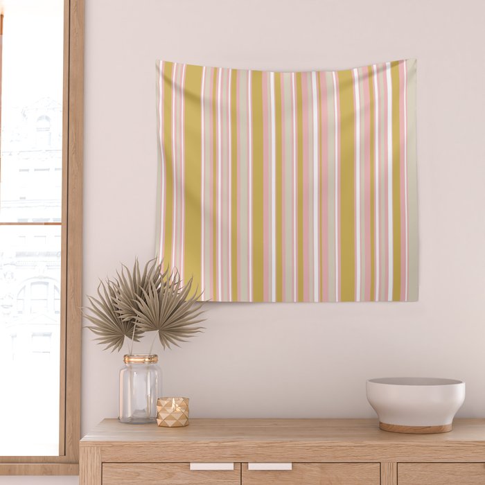 Splendid Stripes - Retro Modern Stripe Pattern in Gold, Pink, White, and Mushroom Wall Tapestry Gallery Image 2