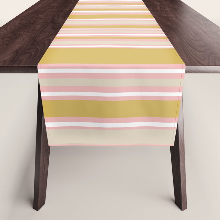 Splendid Stripes - Retro Modern Stripe Pattern in Gold, Pink, White, and Mushroom Table Runner Gallery Image 1