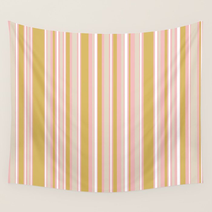 Splendid Stripes - Retro Modern Stripe Pattern in Gold, Pink, White, and Mushroom Wall Tapestry Gallery Image 4