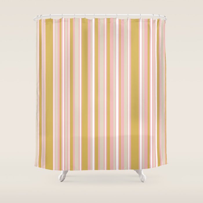 Splendid Stripes - Retro Modern Stripe Pattern in Gold, Pink, White, and Mushroom Shower Curtain Gallery Image 1