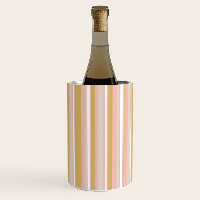 Splendid Stripes - Retro Modern Stripe Pattern in Gold, Pink, White, and Mushroom Wine Chiller Gallery Image 1
