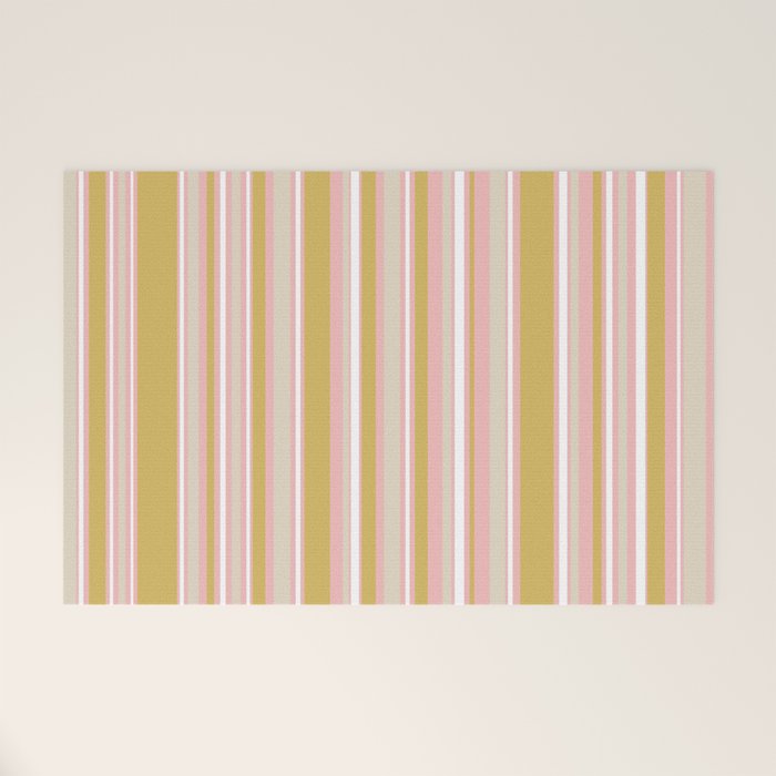 Splendid Stripes - Retro Modern Stripe Pattern in Gold, Pink, White, and Mushroom Welcome Mat Gallery Image 1