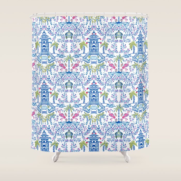 Colorful Coastal Chinoiserie  Shower Curtain Gallery Image 1