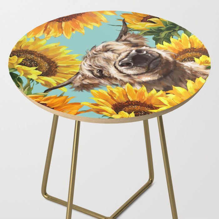 Highland Cow with Sunflowers in Blue Side Table Gallery Image 2