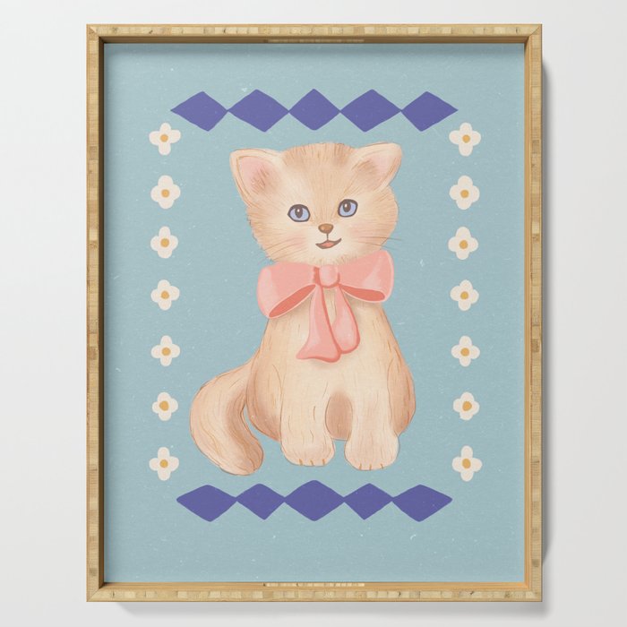 Vintage kitty cat, retro, 70's swap card style Serving Tray Gallery Image 1