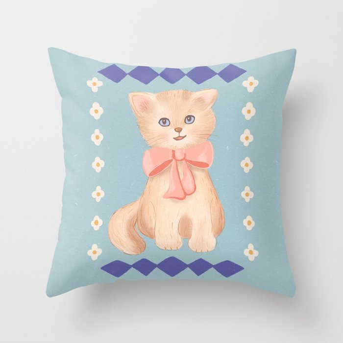 Vintage kitty cat, retro, 70's swap card style Throw Pillow Gallery Image 6