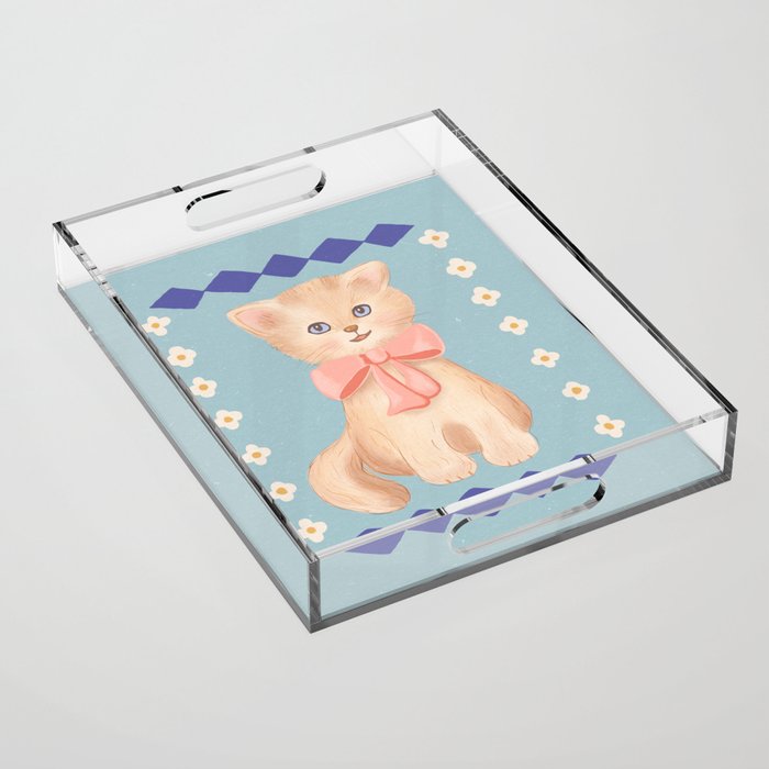 Vintage kitty cat, retro, 70's swap card style Acrylic Tray Gallery Image 1