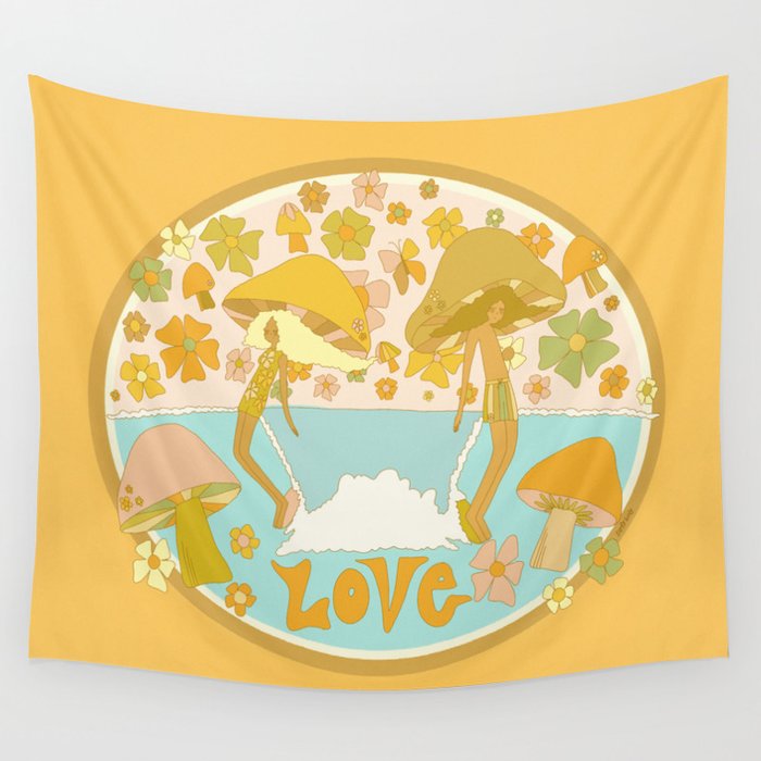mushy love mushroom longboard surf // retro art by surfy birdy Wall Tapestry Gallery Image 1