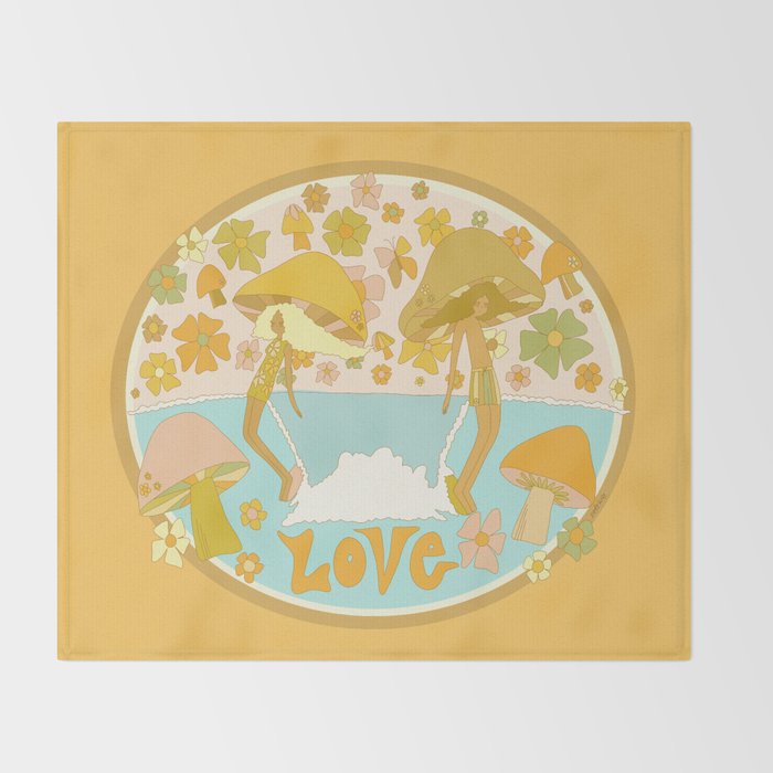 mushy love mushroom longboard surf // retro art by surfy birdy Throw Blanket Gallery Image 2