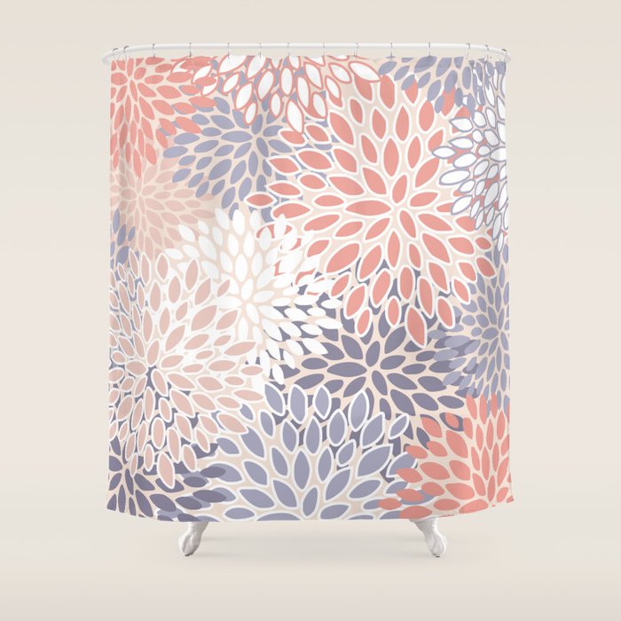  Modern Flowers Print, Coral, Pink and Purple Shower Curtain Gallery Image 1