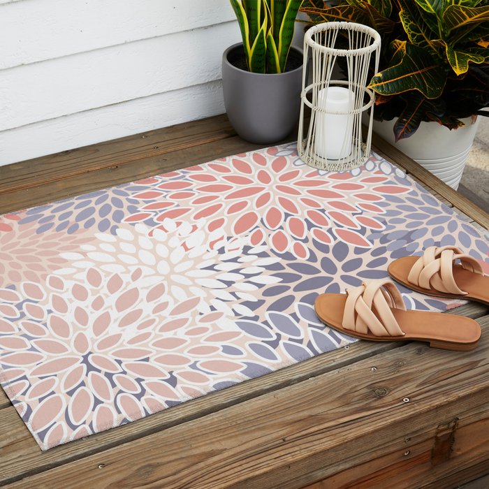  Modern Flowers Print, Coral, Pink and Purple Outdoor Rug Gallery Image 2