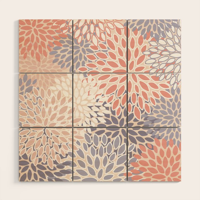  Modern Flowers Print, Coral, Pink and Purple Wood Wall Art Gallery Image 1