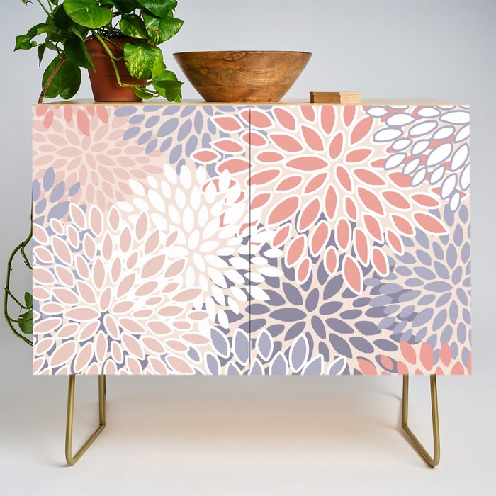 Modern Flowers Print, Coral, Pink and Purple Credenza Gallery Image 1