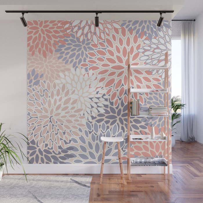  Modern Flowers Print, Coral, Pink and Purple Wall Mural Gallery Image 1