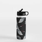 Japanese Ornate Heron Pattern Black & Silver White Water Bottle Gallery Image 1