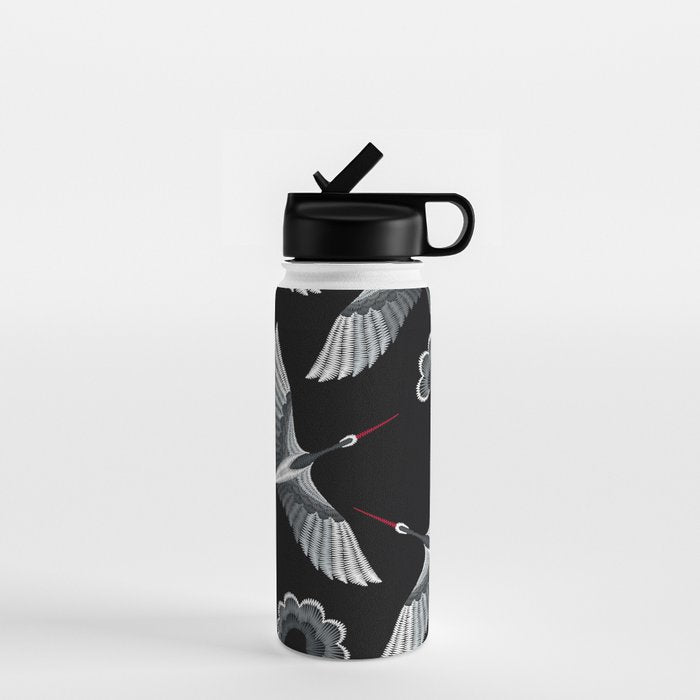 Japanese Ornate Heron Pattern Black & Silver White Water Bottle Gallery Image 1