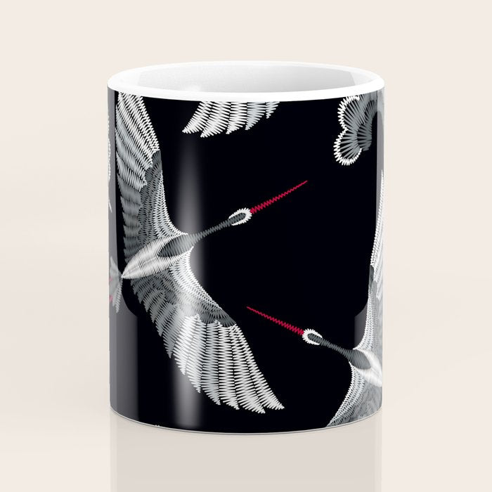 Japanese Ornate Heron Pattern Black & Silver White Coffee Mug Gallery Image 4