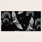 Japanese Ornate Heron Pattern Black & Silver White Desk Mat Gallery Image 3
