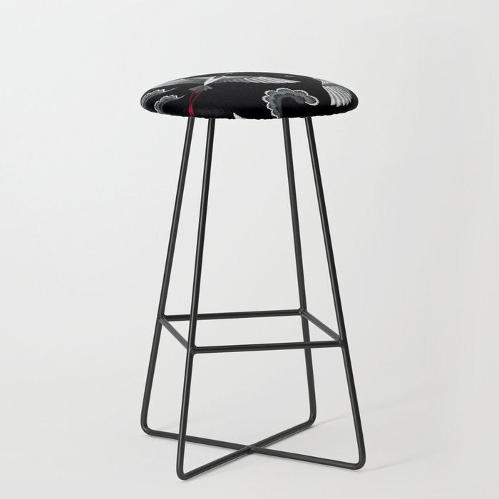 Japanese Ornate Heron Pattern Black & Silver White Stool Gallery Image 1