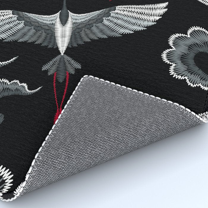 Japanese Ornate Heron Pattern Black & Silver White Rug Gallery Image 4