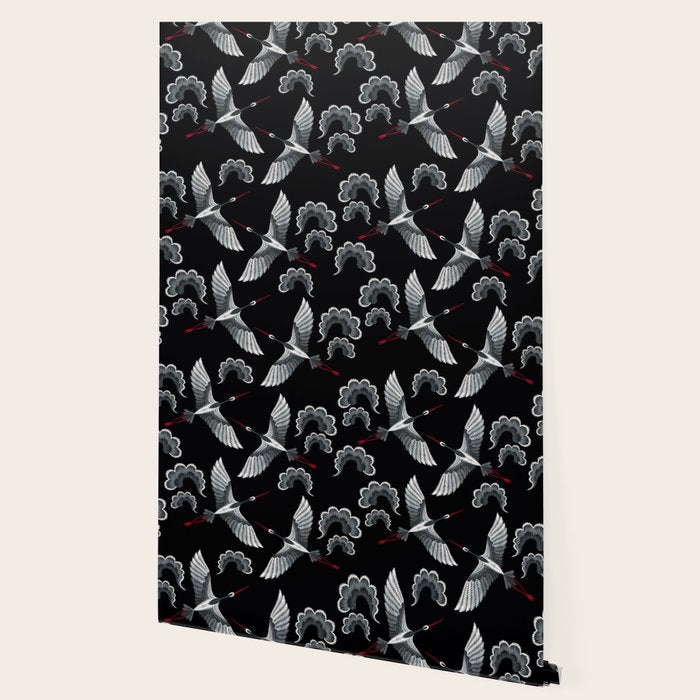 Japanese Ornate Heron Pattern Black & Silver White Wallpaper Gallery Image 2