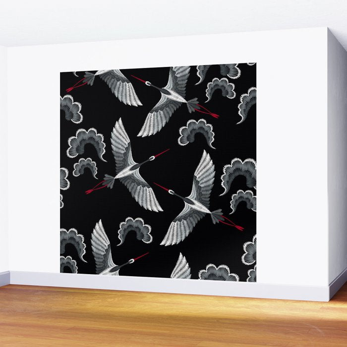 Japanese Ornate Heron Pattern Black & Silver White Wall Mural Gallery Image 2