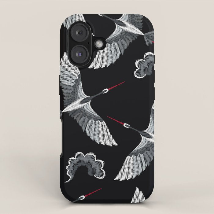 Japanese Ornate Heron Pattern Black & Silver White iPhone Case Gallery Image 1