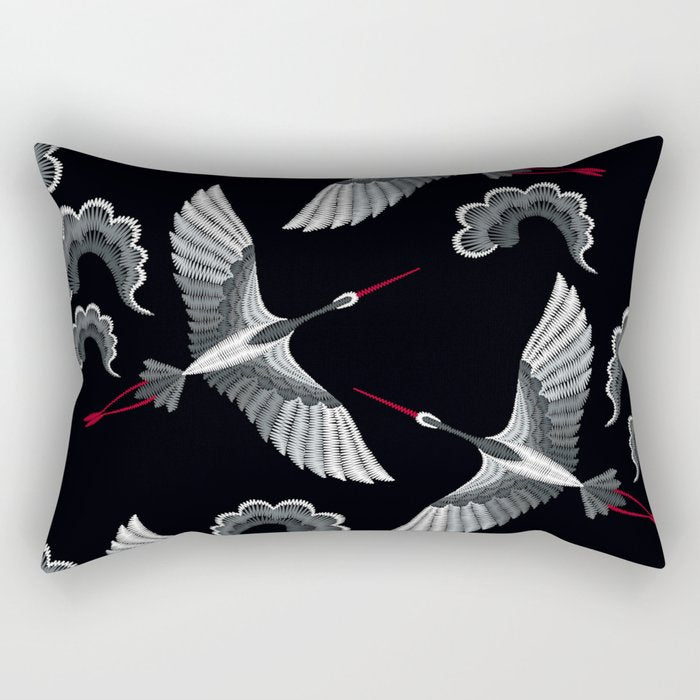 Japanese Ornate Heron Pattern Black & Silver White Rectangular Pillow Gallery Image 2