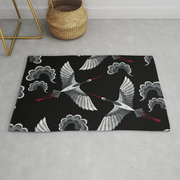 Japanese Ornate Heron Pattern Black & Silver White Rug Gallery Image 1