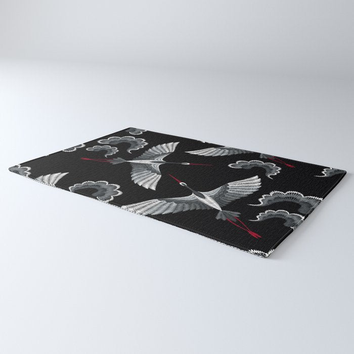 Japanese Ornate Heron Pattern Black & Silver White Rug Gallery Image 3