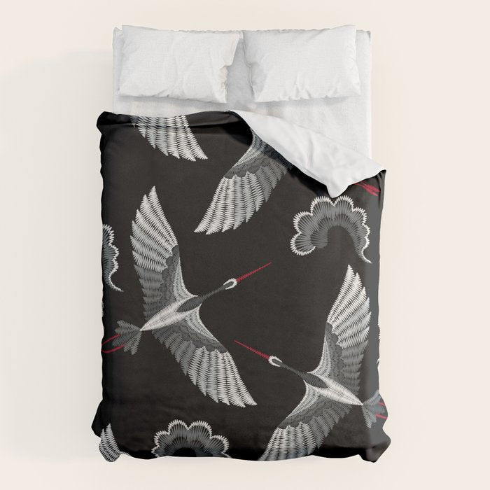 Japanese Ornate Heron Pattern Black & Silver White Duvet Cover Gallery Image 6