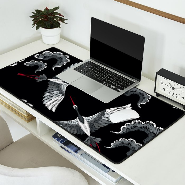 Japanese Ornate Heron Pattern Black & Silver White Desk Mat Gallery Image 2
