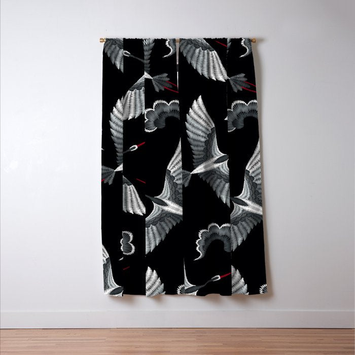Japanese Ornate Heron Pattern Black & Silver White Window Curtain Gallery Image 3