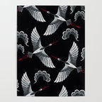 Japanese Ornate Heron Pattern Black & Silver White Poster Gallery Image 4