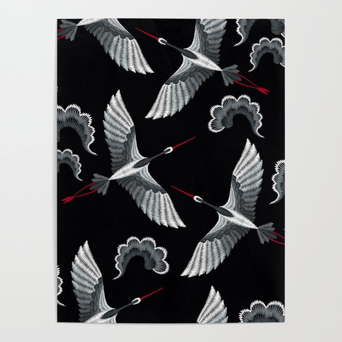 Japanese Ornate Heron Pattern Black & Silver White Poster Gallery Image 4