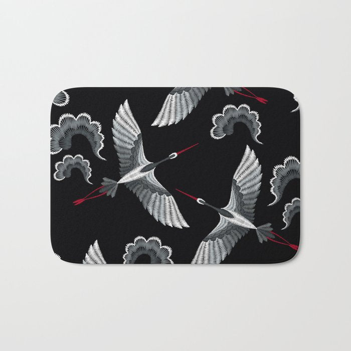 Japanese Ornate Heron Pattern Black & Silver White Bath Mat Gallery Image 1