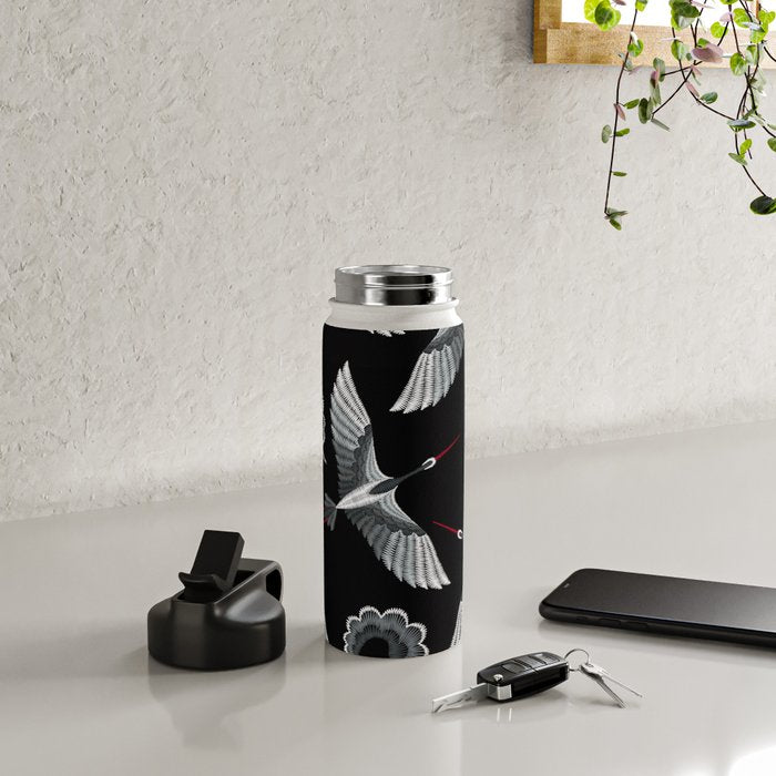 Japanese Ornate Heron Pattern Black & Silver White Water Bottle Gallery Image 4
