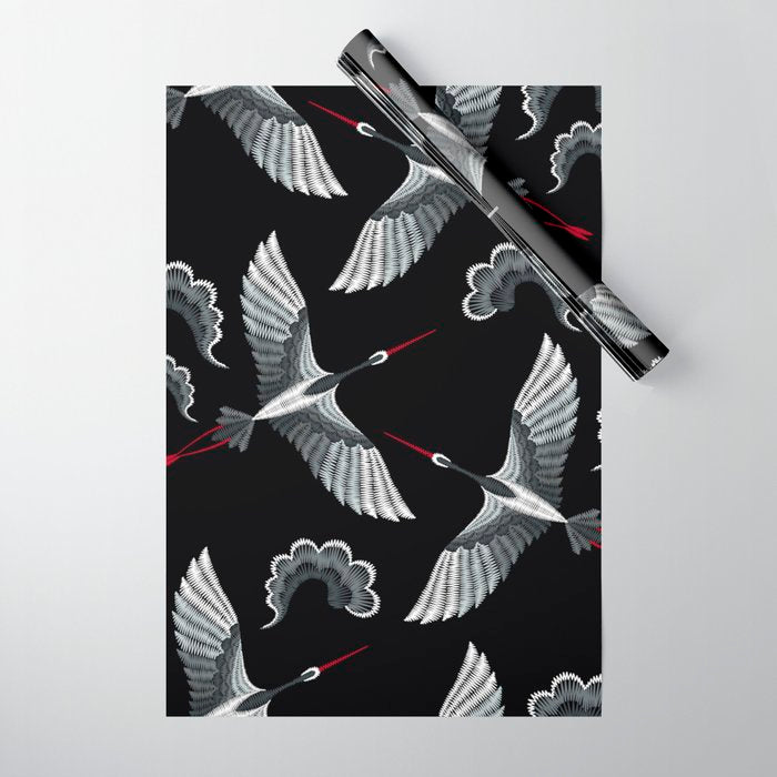 Japanese Ornate Heron Pattern Black & Silver White Wrapping Paper Gallery Image 1