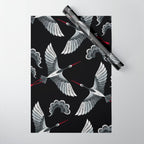 Japanese Ornate Heron Pattern Black & Silver White Wrapping Paper Gallery Image 1