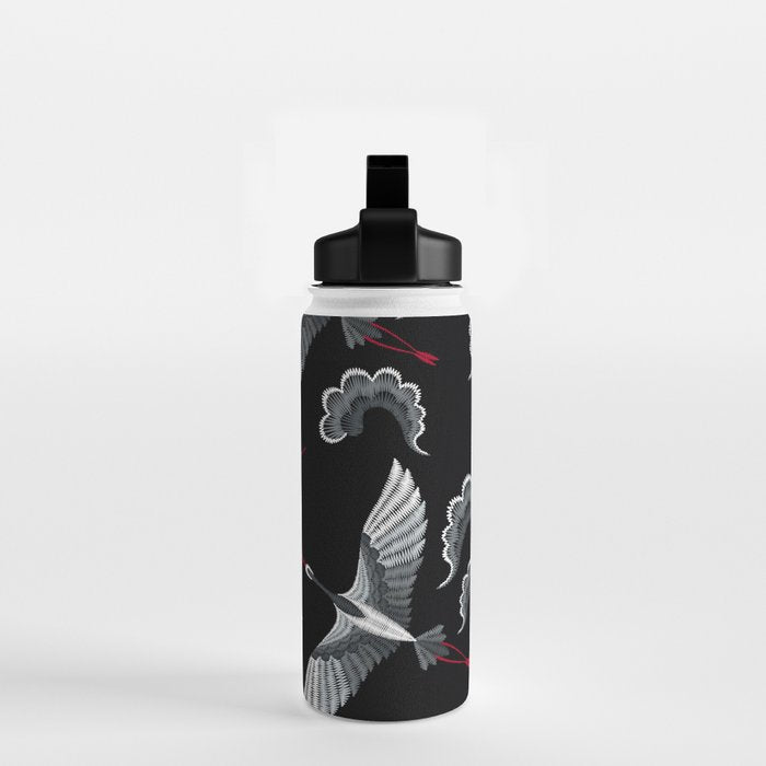 Japanese Ornate Heron Pattern Black & Silver White Water Bottle Gallery Image 2