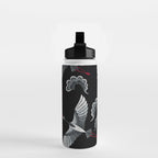 Japanese Ornate Heron Pattern Black & Silver White Water Bottle Gallery Image 2