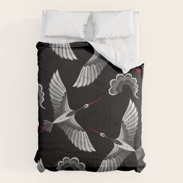 Japanese Ornate Heron Pattern Black & Silver White Comforter Gallery Image 6