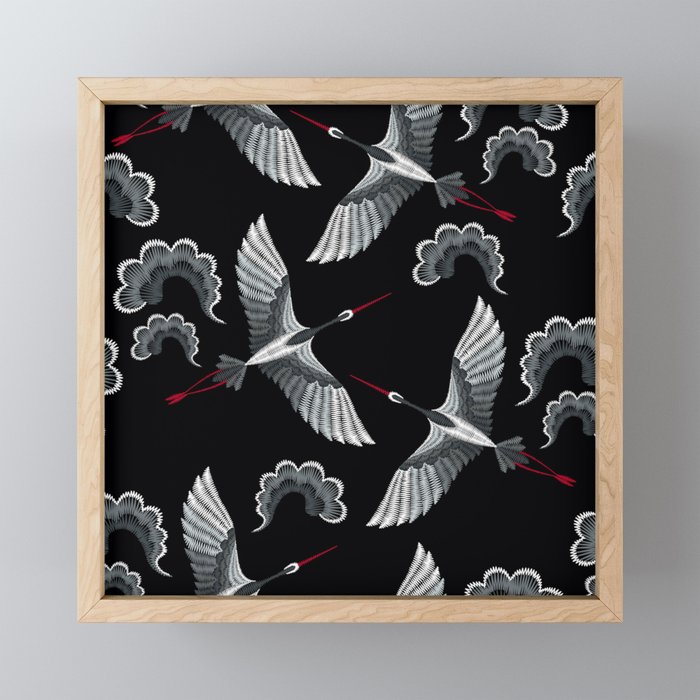 Japanese Ornate Heron Pattern Black & Silver White Mini Art Print Gallery Image 1